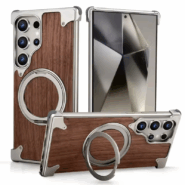 قاب چوب و فلز گوشی سامسونگ Wood Metal طراحی لوکس با چوب گردو و پایه ۳۶۰ درجه مشکی
